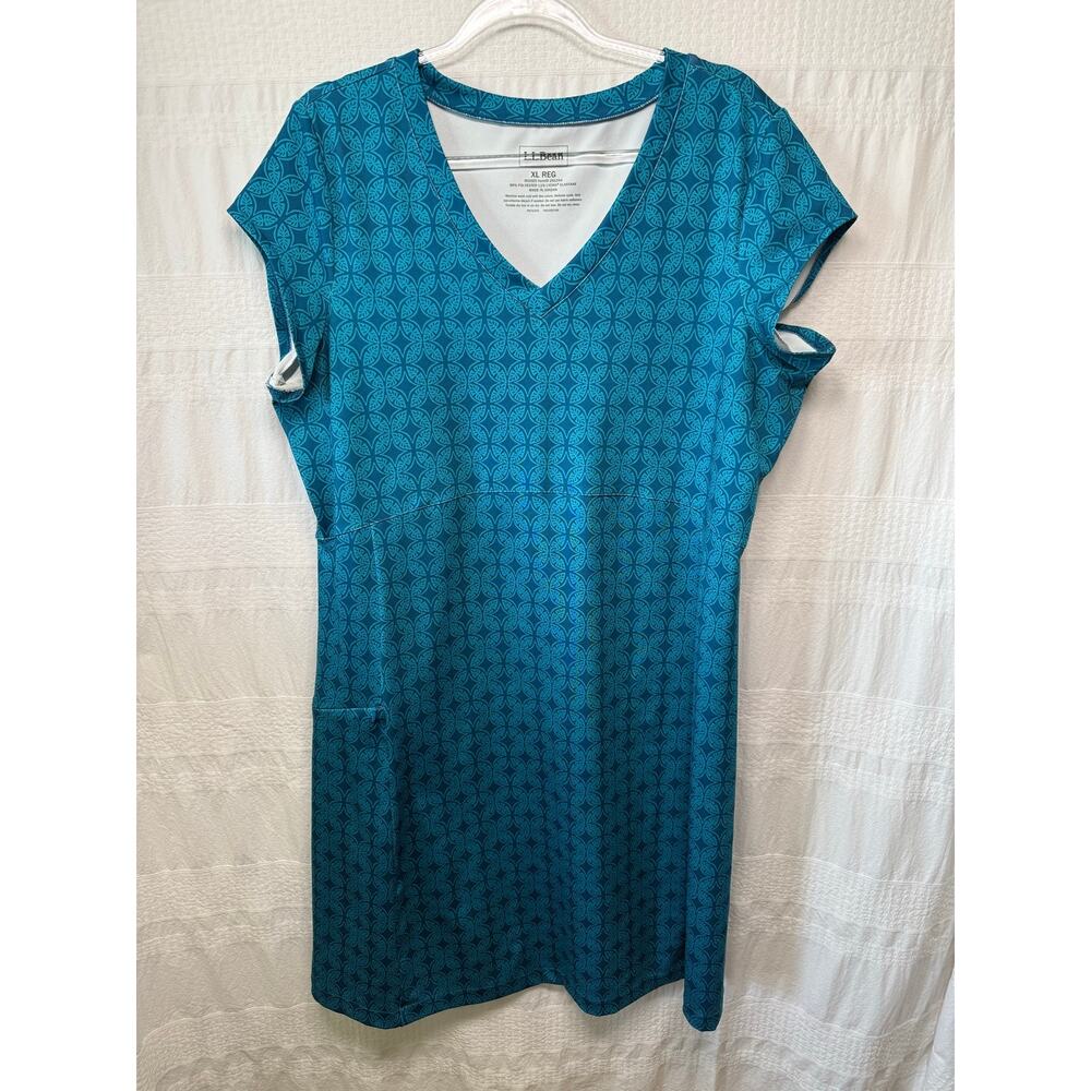 LL Bean Misses Performance V-Neck Dress, Teal Blue, Size XL